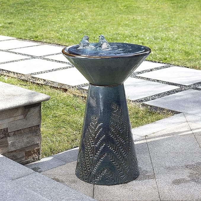 Glitzhome 27.5" H Outdoor Garden Water Fountain with LED Light and Pump, Turquoise Two Birds Embossed Pattern Pedestal Ceramic Floor-Standing Water Fountain for Yard Floor Patio Backyard