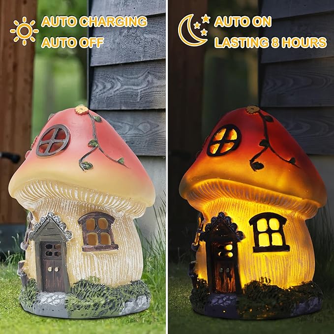 Attivolife Mushroom Fairy House Solar Light, Outdoor Home Garden Resin Statue Flickering LED Lamp, Lawn Porch Patio Yard Backyard Plant Decoration, Unique Gift for Women Mom Housewarming Birthday