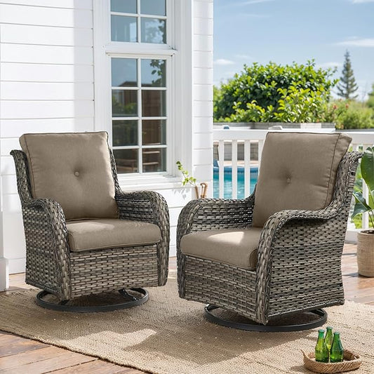 HUMMUH Outdoor Swivel Rocker Wicker Patio Chairs Set of 2, Rattan Rocking Chair Furniture Set (Grey,Grey)