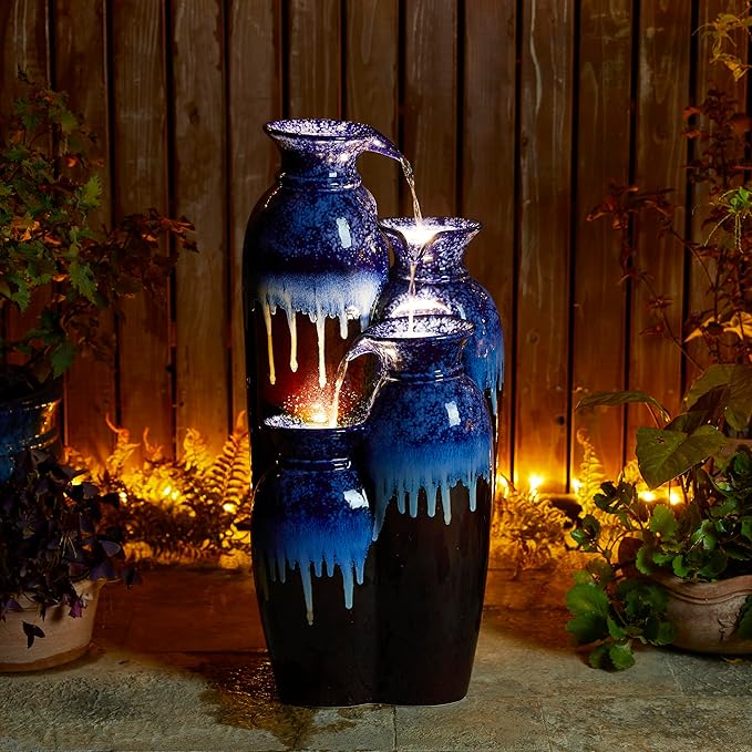 Glitzhome 30.75" H Vase Ceramic Outdoor Water Fountain with LED Lights and Pump, 4-Tier Cobalt Blue and Brown Reactive Glaze Cascading Pots Standing Fountain for Porch Deck Garden Patio Backyard
