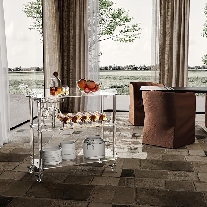 HMYHUM Acrylic Bar Cart with 4 Lockable Wheels, Clear Serving Cart with Wine Rack and Glass Holder, Rolling Beverage Cart for Home, Kitchen, Dinning Room, 33.7" L x 13" W x 34.8" H