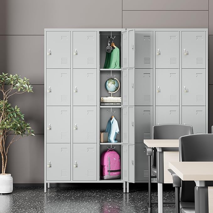 12 Doors Metal Storage Locker, 72" H Employees Lockers Storage Cabinet with 12 Hooks for Home, Office, Gym, School, Assembly Required, Light Gray