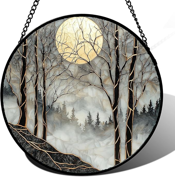 Stained Glass Window Hanging - Black and White Gold Moon Forest Sun Catcher for Door Home Decor Suncatcher Christmas Mother's Day Birthday Gifts for Women Men Lovers Mom Nana 15 in