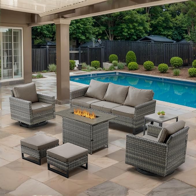 7 Piece Wicker Patio Furniture with Fire Pit Table - Outdoor Conversation Set with 50,000 BTU Fire Pit, All Weather Rattan Patio Set for Deck Backyard Garden - Grey Wicker Grey Cushion