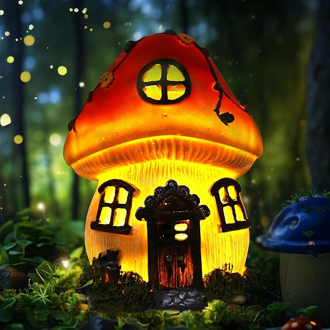 Attivolife Mushroom Fairy House Solar Light, Outdoor Home Garden Resin Statue Flickering LED Lamp, Lawn Porch Patio Yard Backyard Plant Decoration, Unique Gift for Women Mom Housewarming Birthday