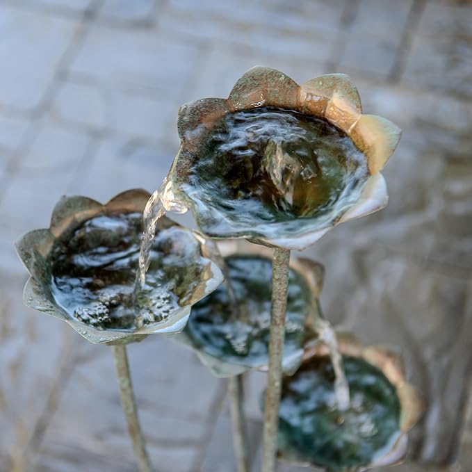 XBrand Freestanding Sculptural Metal Multi-Tiered Flower Water Fountain, No LED Lights, Silver, 35" Tall