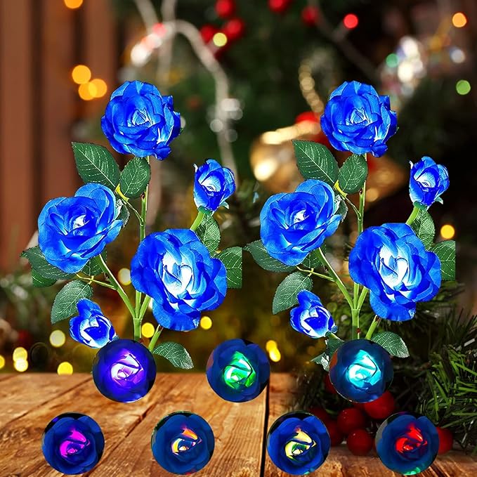 ANGMLN 2 Pack Solar Garden Lights, Solar Flower Lights Outdoor Waterproof with 10 Head Blue Rose 7-Color Changing Landscape Light for Garden Yard Pathway Patio Grave Cemetery Decoration