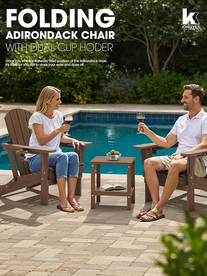 KINGYES Folding Adirondack Chair, Dual Cup Holders & All-Weather HDPE, Wood-Like Patio Chair, Brown