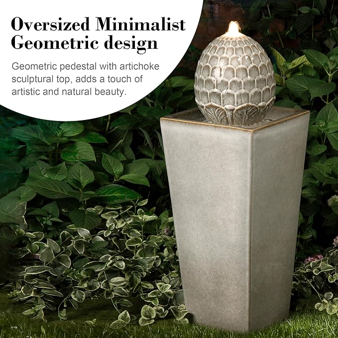 Glitzhome Ceramic Outdoor Water Fountain with LED Light, Oversized Artichoke Pedestal Water Fountains with Submersible Pump, Patio Fountain Waterfall for Garden Patio Deck Porch, Sand Beige, 35.75" H