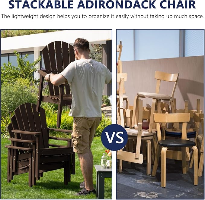 Stackable Adirondack Chair Set of 4, HDPE Outdoor Patio Chair - Durable and Space Saving, Suitable for Porches, Lawns or Garden, Coffee