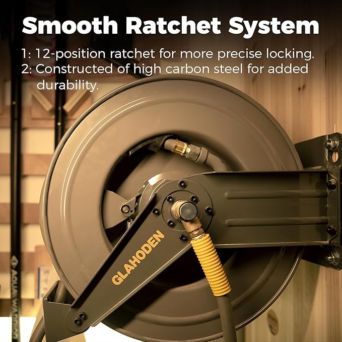 Double Arm Retractable Air Hose Reel, 3/8 in × 80 ft Hybrid Hose Heavy Duty Steel Professional Air Compressor Hose Reel with 5 ft Lead in Max 300PSI Auto Rewind Quick Coupler Swivel Fitting