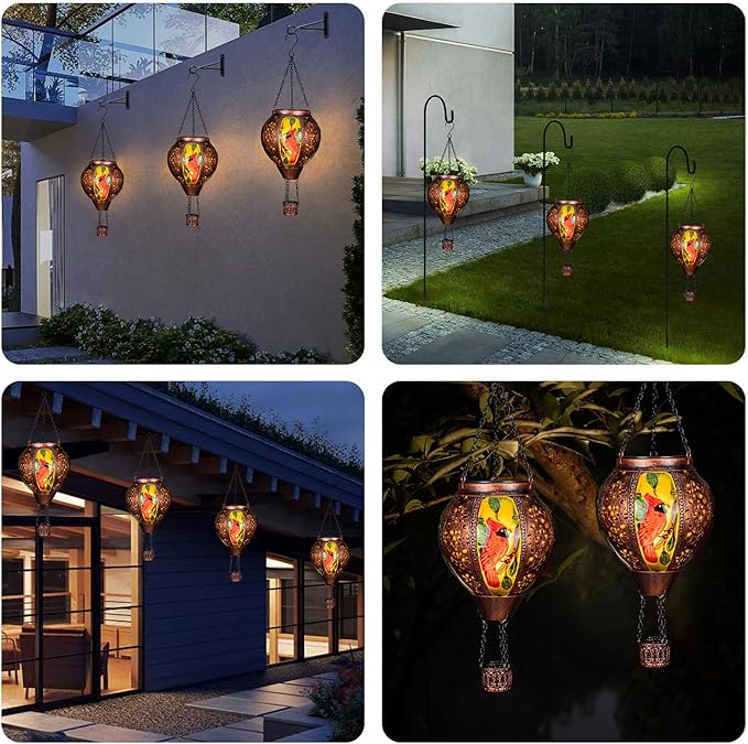 Hot Air Balloon Solar Lantern Outdoor - Flame Hanging Solar Light Waterproof Lanterns for Patio Garden Yard Farmhouse Decor, Great Gift(Cardinal 2)