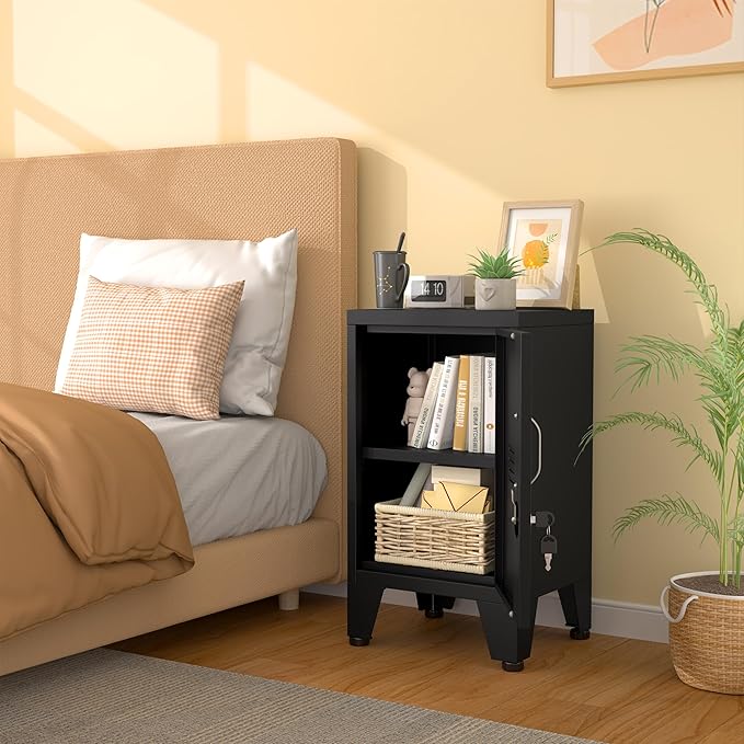 24.4" H Black Metal NightStand Locker Storage Cabinet with 1 Doors, File Cabinet with Shelves, Storage Cabinet with Adjustable Leveling Foot for Home Office Living Room or Bed Room