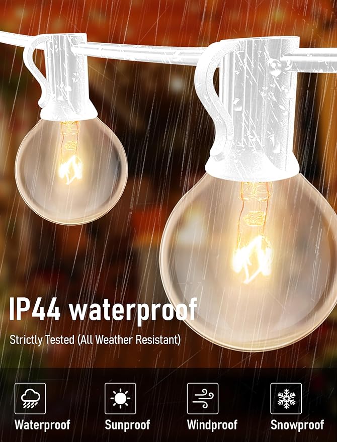 25FT Outdoor White String Lights with 27 Clear Bulbs, G40 Globe Patio String Lights for Indoor/Outdoor, Connectable Hanging Lights for Backyard Porch Balcony Party Decor - White Wire