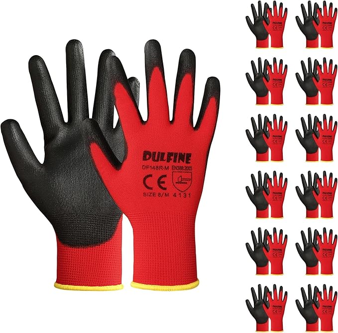 DULFINE Safety Work Gloves PU Coated-12 Pairs,Red Seamless Knit Glove with Polyurethane Coated Smooth Grip on Palm & Fingers, for Men and Women, Ideal for General Duty Work (XX-Large)