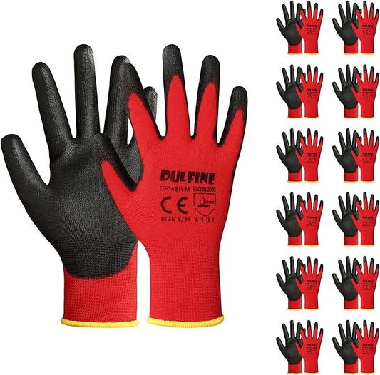 DULFINE Safety Work Gloves PU Coated-12 Pairs,Red Seamless Knit Glove with Polyurethane Coated Smooth Grip on Palm & Fingers, for Men and Women, Ideal for General Duty Work (Large)