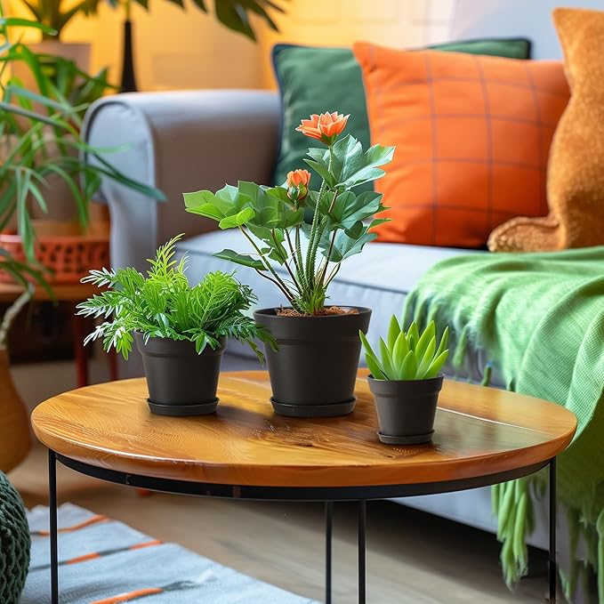 T4U 4 Inch Plant Pots 8-Pack, Small Flower Pots with Drainage Hole and Saucer, Decorative Nursery Pot Bulk for African Violet, Snake Plant, Succulent, Herb and Plants Indoor (8 Pcs 4" Pots, Black)