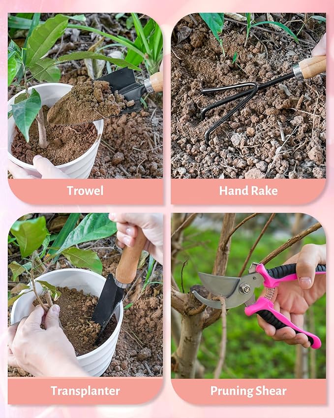 Pink Gardening Tools, Garden Tool Set for Women, 5 Piece Womens Gardening Kit with Garden Hand Tools Pink Floral Garden Bag,Gardening Gifts for Wife (5-Piece Pink)