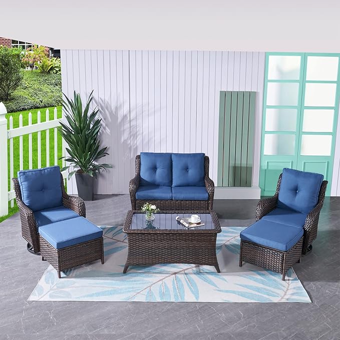 HUMMUH 6 Pieces Outdoor Patio Furniture Set Wicker Swivel Patio Chairs with Ottomans 2 Seater Outdoor Sectional Sofa/Patio Loveseat with Coffee Table