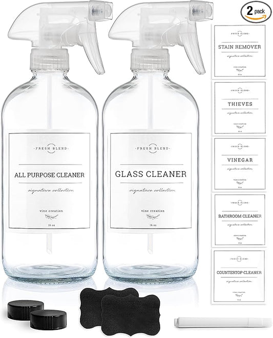 Vine Creations Glass Spray Bottles, 2 Pack Refillable Spray Bottles for Cleaning Solutions, Clear Spray Bottle for plants, Water Spray Bottle Sprayer, Glass Spray bottles 16 oz with Waterproof Labels