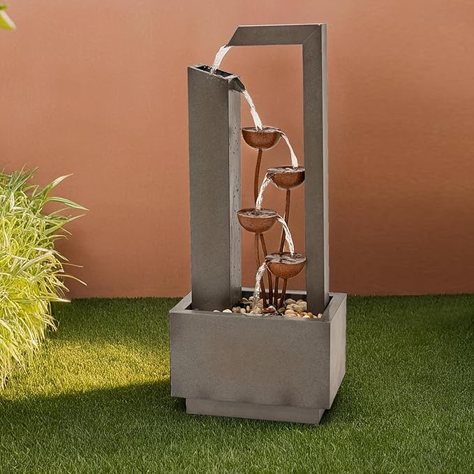 XBrand Freestanding Sculptural Metal Multi-Tiered Flower Water Fountain, No LED Lights, Gray and Bronze, 38" Tall
