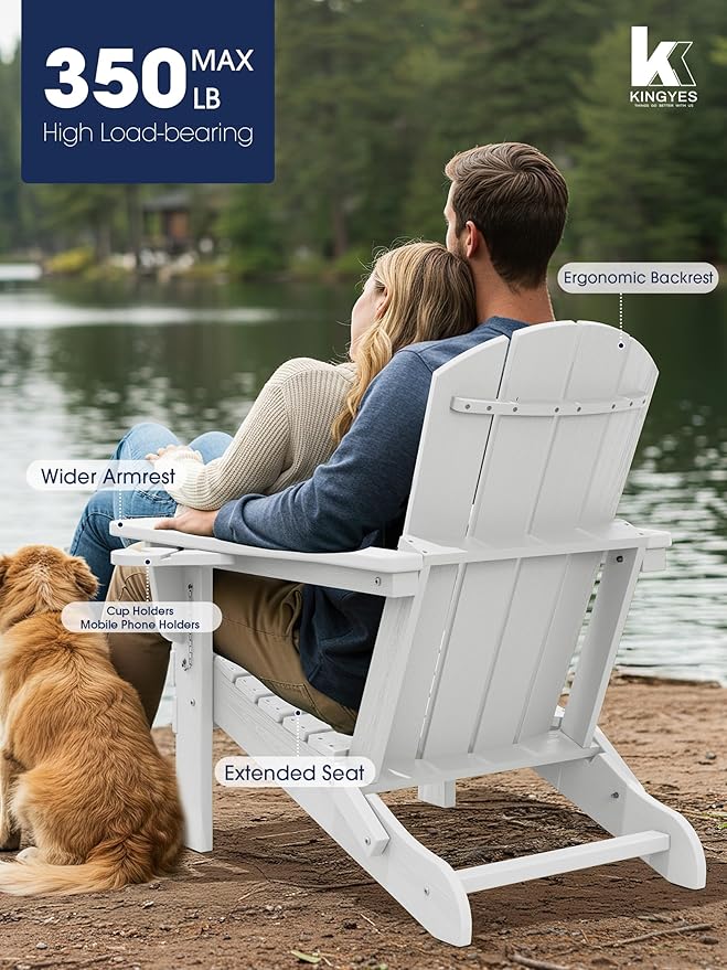 KINGYES Folding Adirondack Chair with Dual Cup Holders - HDPE All-Weather Outdoor Chairs, Wood-Like Patio Chair for Backyard, Camping, Pool & Fire Pit, White