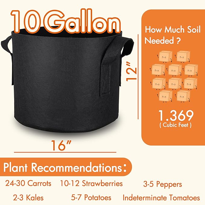 Gardzen 20-Pack 10 Gallon Grow Bags, Aeration Fabric Pots with Handles, Heavy Duty Plant Bags for Plants