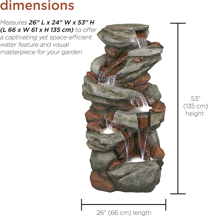 Alpine Corporation WIN1548 Outdoor Floor Cascading Stone Fountain with LED Lights, Tiered Garden Water Fountain, 53" H, Gray