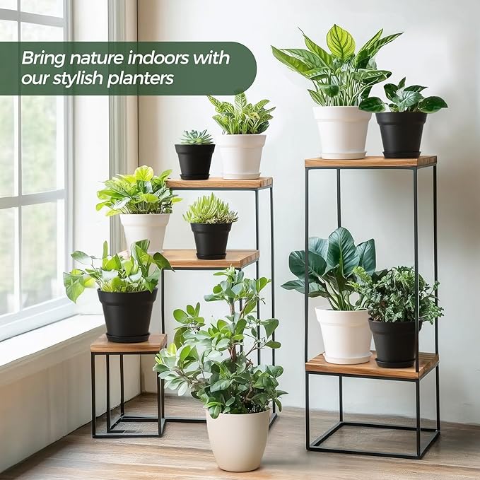 T4U 7.5 Inch Plant Pots 6 Pcs, Flower Pots for Plants, Plastic Planter Pots for Indoor Plants with Drainage Holes and Saucer (6 Pcs, 7.5", White)