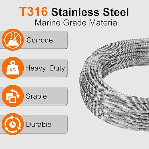 1/8" wire cable, 100ft Wire Rope Metal Cable With Loop Sleeve And Steel Thimble, Outdoor hanging kit, garden fence (SR03-1)