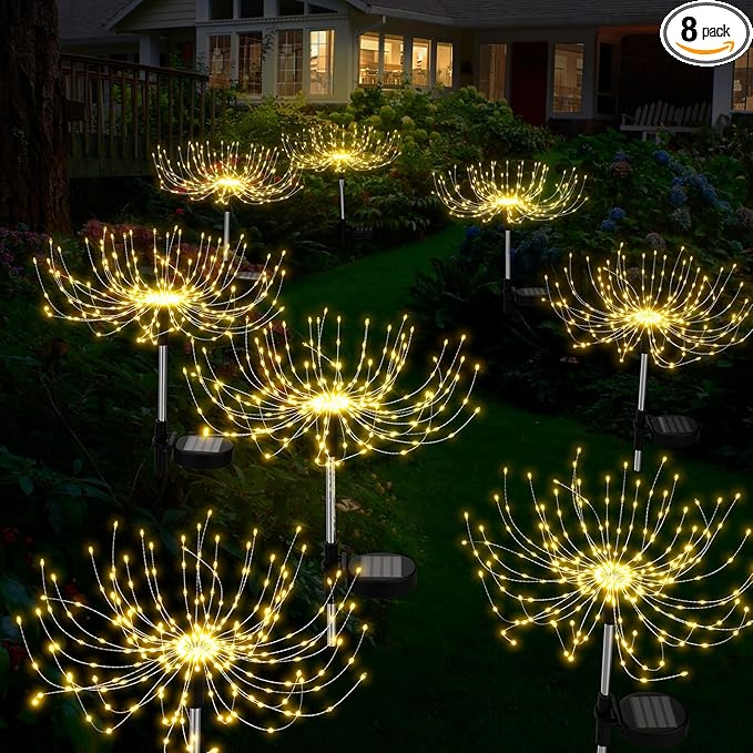 Solar Outdoor Lights Outdoor Waterproof 200 LED Firework Light Solar Powered Sparkles Landscape Fairy Light Outside Decorations Lights for Yard Patio Pathway Lawn Party Decoration, 8 Pack