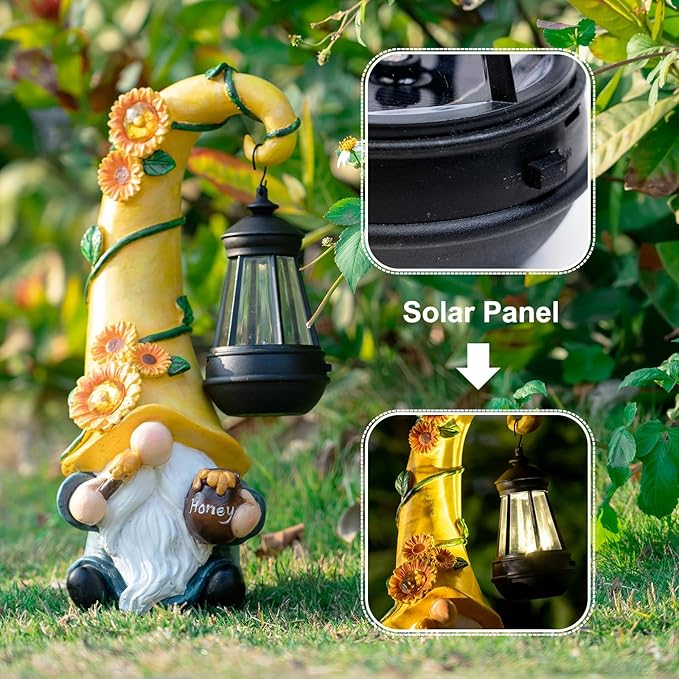 12" Solar Gnome Garden Statues Honey Bee jar Decor with LED Lantern Outdoor Spring Gnomes Decorations Patio Yard Balcony Art Gifts for Women Mom Grandma