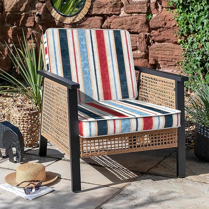 LVTXIII Patio Chair Cushions 22"x22"x3", Water-Repellent Outdoor Seat Cushions for Patio Furniture, Square Chair Pads with Ties for Home Garden Decoration, Set of 2, Stripe Red Blue