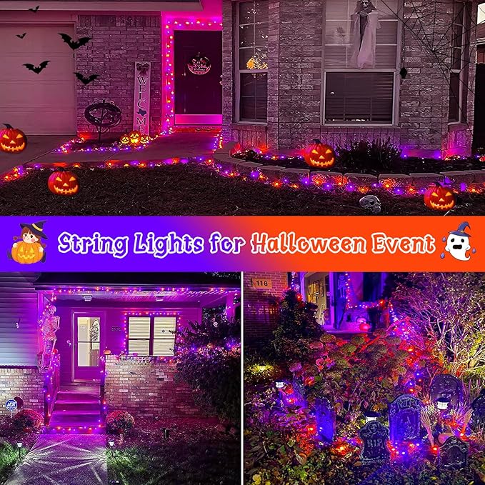 2 Pack Orange and Purple Halloween Lights, Total 151ft 400 LED Halloween Solar Lights Outdoor,8 Modes Solar String Lights Outdoor Waterproof