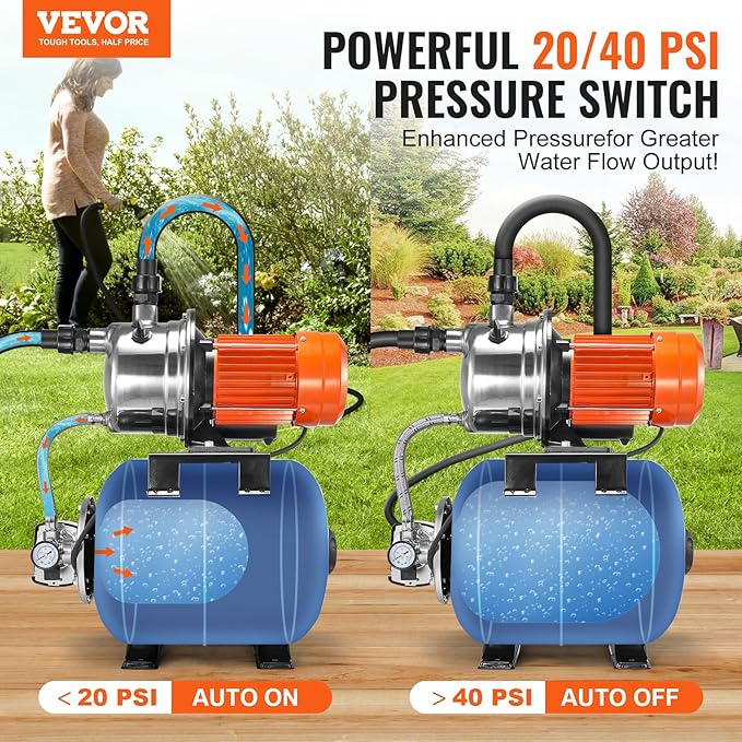 VEVOR 1 HP Shallow Well Pump with Pressure Tank, 1000 GPH, Automatic Irrigation Water Booster Pump with 130 ft Head Lift 20/40 PSI Pressure Switch, 304 Stainless Steel Pump Head for Home Garden Lawn