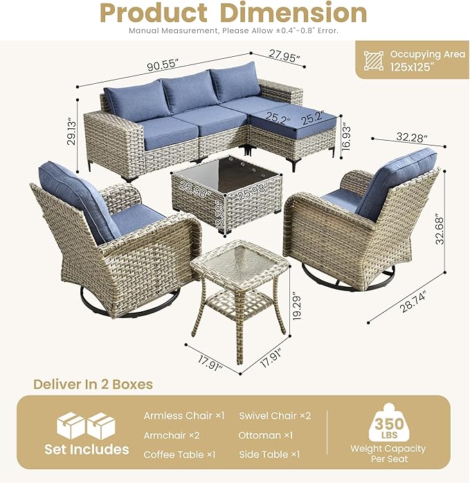 HOOOWOOO Outdoor Sectional Furniture Set,8 Pieces Wicker Patio Conversation Sets,L Shape All Weather Outside Couch Sofa Set with Swivel Chairs Solar Light Table Ottoman,Denim Blue