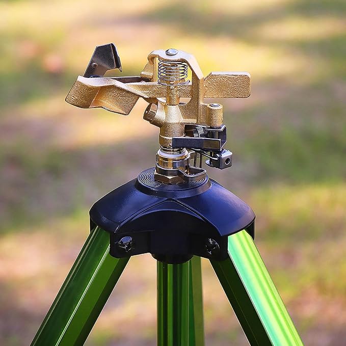 Triumpeek 2 Pack Impact Sprinkler on Tripod Base with Stakes, 360 Degree Large Area Coverage Irrigator with Extension Legs, Adjustable Brass Sprinkler Head Nozzle and 3/4" NH Inlet Hose Connection