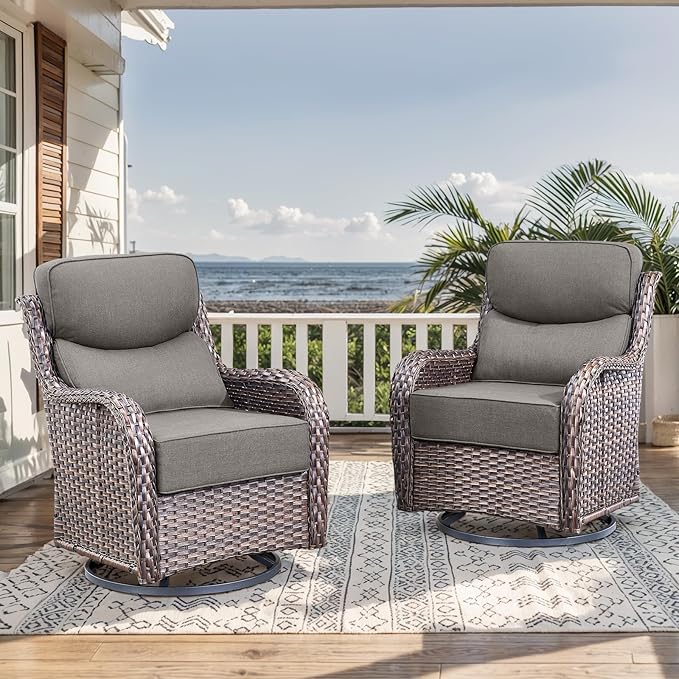 HUMMUH Wicker Patio Furniture Set 6inch Thick Cushion Deep Seat Outdoor Swivel Rocker Patio Chairs Set of 2 with Ottomans Conversation Set for Porch Garden Deck