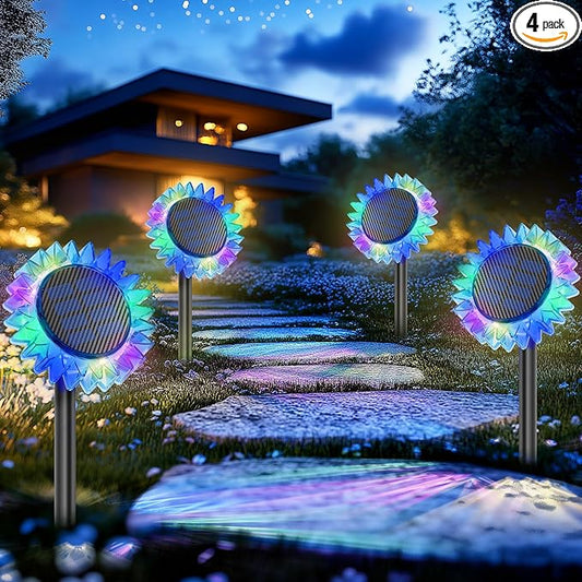 Solar Garden Lights - Upgraded Sunflower Light, Ground/Wall 2 in 1, Outdoor Lights Waterproof IP67,Garden Yard Patio Backyard Pathway Landscape Fence Wall Decoration, Multicolor(4 Pack)