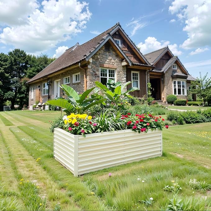 Raised Garden Bed 6x3x2ft, Galvanized Raised Garden Beds Outdoor for Vegetables Flowers Herbs, Steel Large Deep Planter Box, Tall Raised Garden Bed with 3ftx30ft Weed Barrier Fabric and Glove, Beige