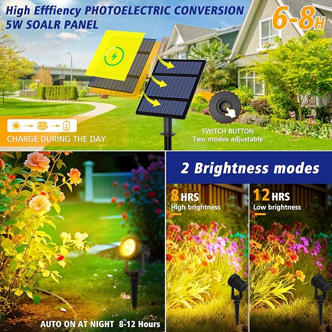 T-SUNUS Halloween Solar Spot Lights 6-in-1 Outdoor Warm White 3000K Landscape Spotlight IP65 Waterproof Separated Panel Spotlights with 9.8ft Cable Auto On/Off for Christmas Tree Lawn Driveway Pathway