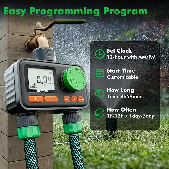 [2 Pack] RESTMO 2 Zone Sprinkler Timer, Programmable Water Timer for Garden Hose, Automatic Digital Control | Manual ON/Off | Rain Delay for Outdoor Faucet, Drip Irrigation and Lawn Watering System