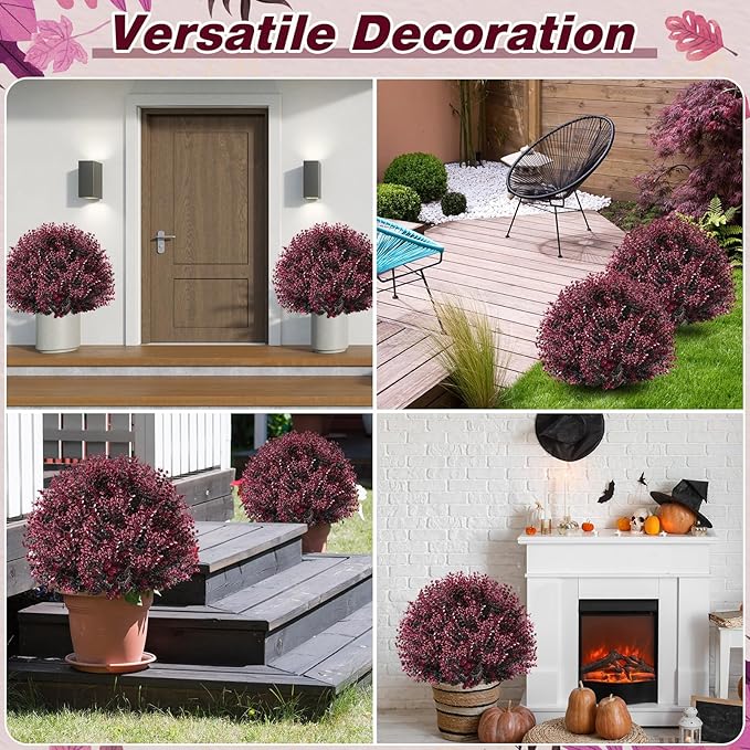 Yunlly 2 Pcs 18 Inch Artificial Boxwood Ball Topiary Tree Fake Outdoor Plants Bush, UV Resistance Faux Shrub with Spike Realistic Greenery Potted for Indoor Garden Yard Porch Patio Decor (Dark Purple)