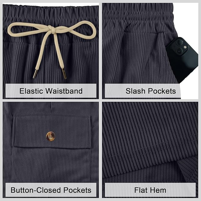 Mens Cargo Shorts Casual Drawstring Elastic Waist Corduroy Summer Beach Shorts with Pockets