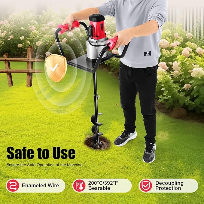 Post Hole Digger, 1500W Electric Post Hole Auger Earth Auger Digging Drill Digging Machine with 4" Digging Auger Bit and Extension Bar Set for Planting, Trenching in Garden