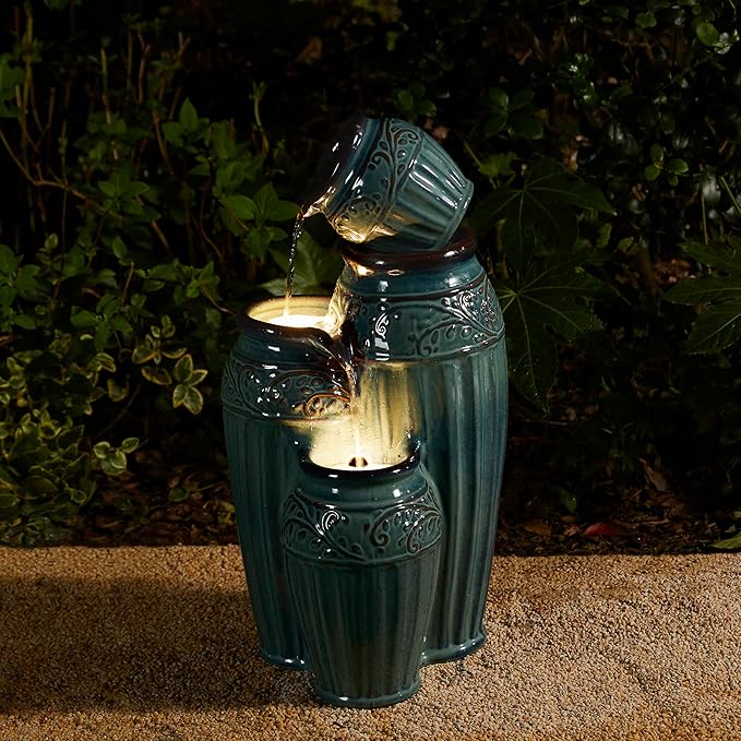 Glitzhome 27.25" H Outdoor Garden Water Fountain with LED Lights and Pump, 4 Tier Turquoise Embossed Pattern Ceramic Pots Cascading Floor Standing Fountain for Porch Deck Patio Backyard Decoration