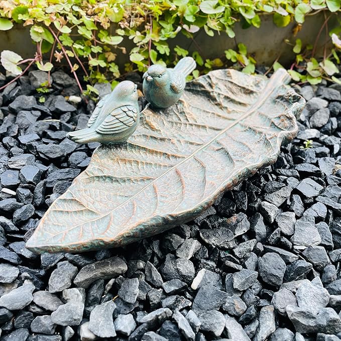 Outdoor Garden Bird Bath Sculpture, Polyresin on Leaf Bird Feeder, Garden Patio Deck Ground Gifts for The Family