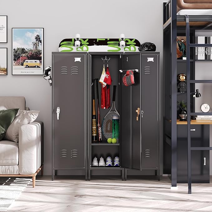 METAN Metal Storage Lockers with 1 Door and 1 Adjustable Shelf,55''H*15''W*15''D Steel Lockers with Hooks for School,Home,Office,Gym,Assembly Required,Black