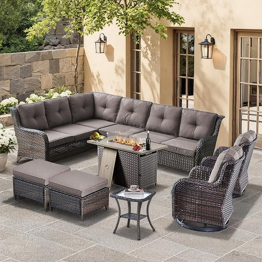 HUMMUH 8 Pieces Outdoor Patio Furniture Set with Fire Pit,L-Shaped Modular Sectional Couches with Swivel Patio Chairs,Wicker Conversation Set for Deck,Backyard,Porch,Garden