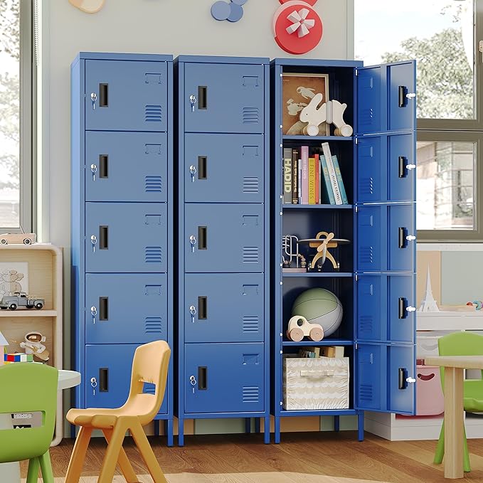 METAN Metal Storage Employees Locker with 5 Lockable Doors,Locking Storage Cabinets for Small Spaces,Home,School,Gym,Assembly Required,Blue
